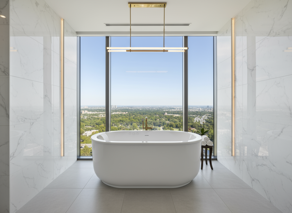 White Hydro Massage Products freestanding bathtub in a bright bathroom with large windows
